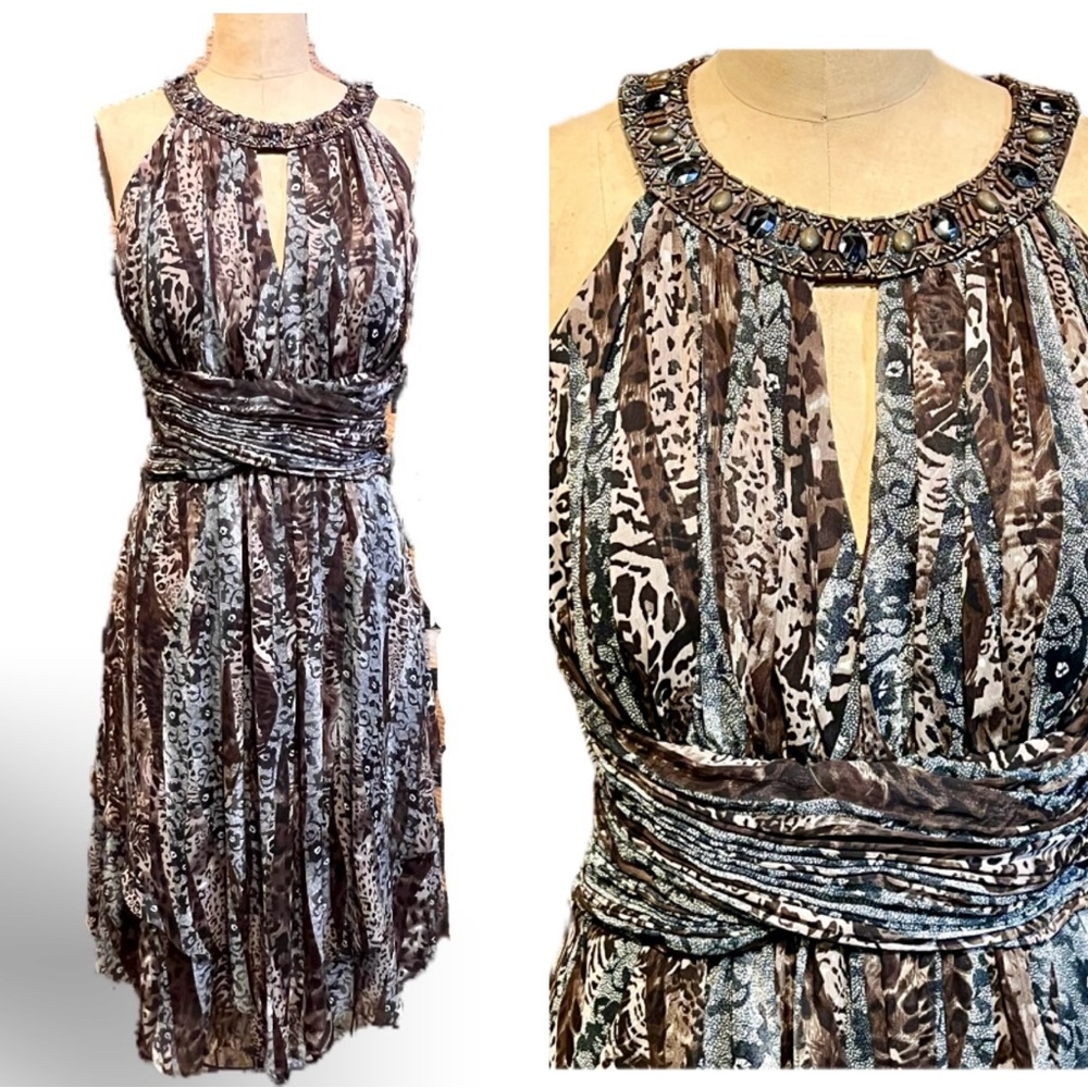 Jessica Howard tribal animal print midi halter dress beaded embellishment earthy